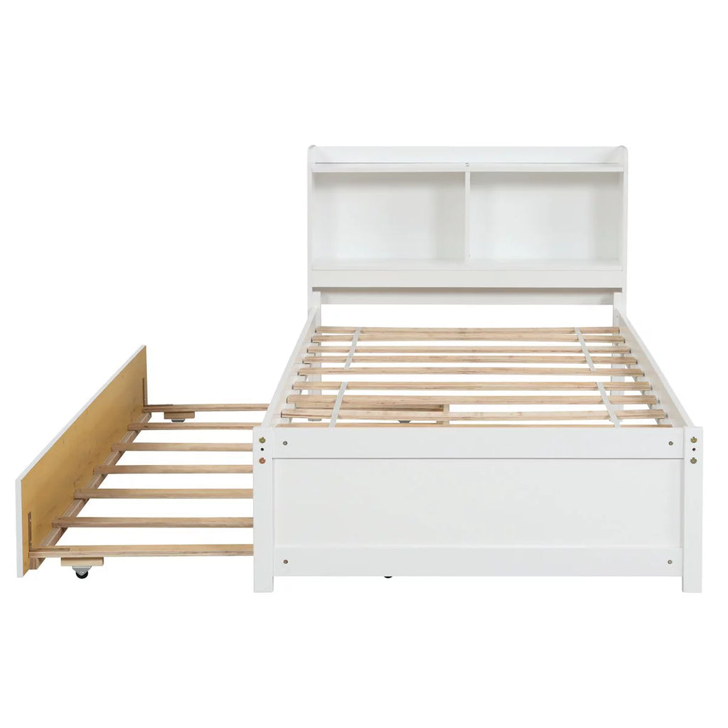 White Twin Size Wood Platform Bed with Trundle and Storage Headboard I37018