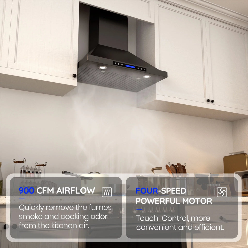 30 inch 900 CFM Convertible Black Stainless Steel Wall Mount Range Hood T10321