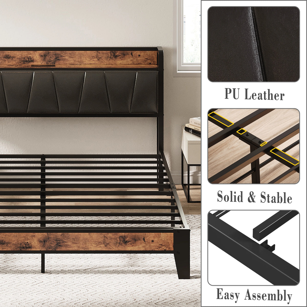 King Metal Bed Frame with Black Storage Headboard D226615