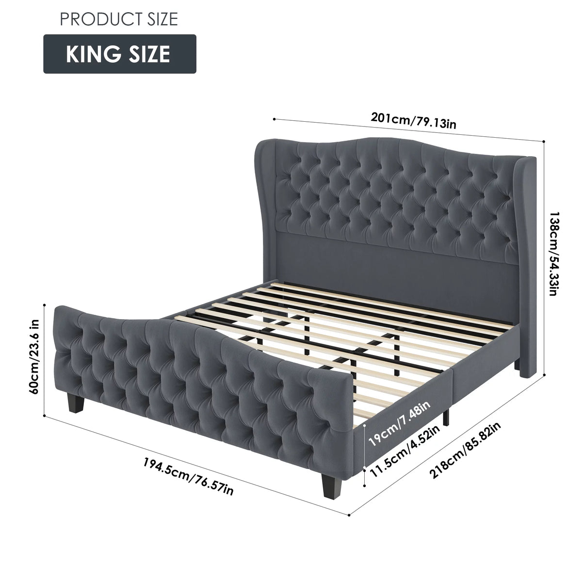 Queen Size Beige Velvet Tufted Upholstered Platform Bed Frame with Wingback Headboard F6518