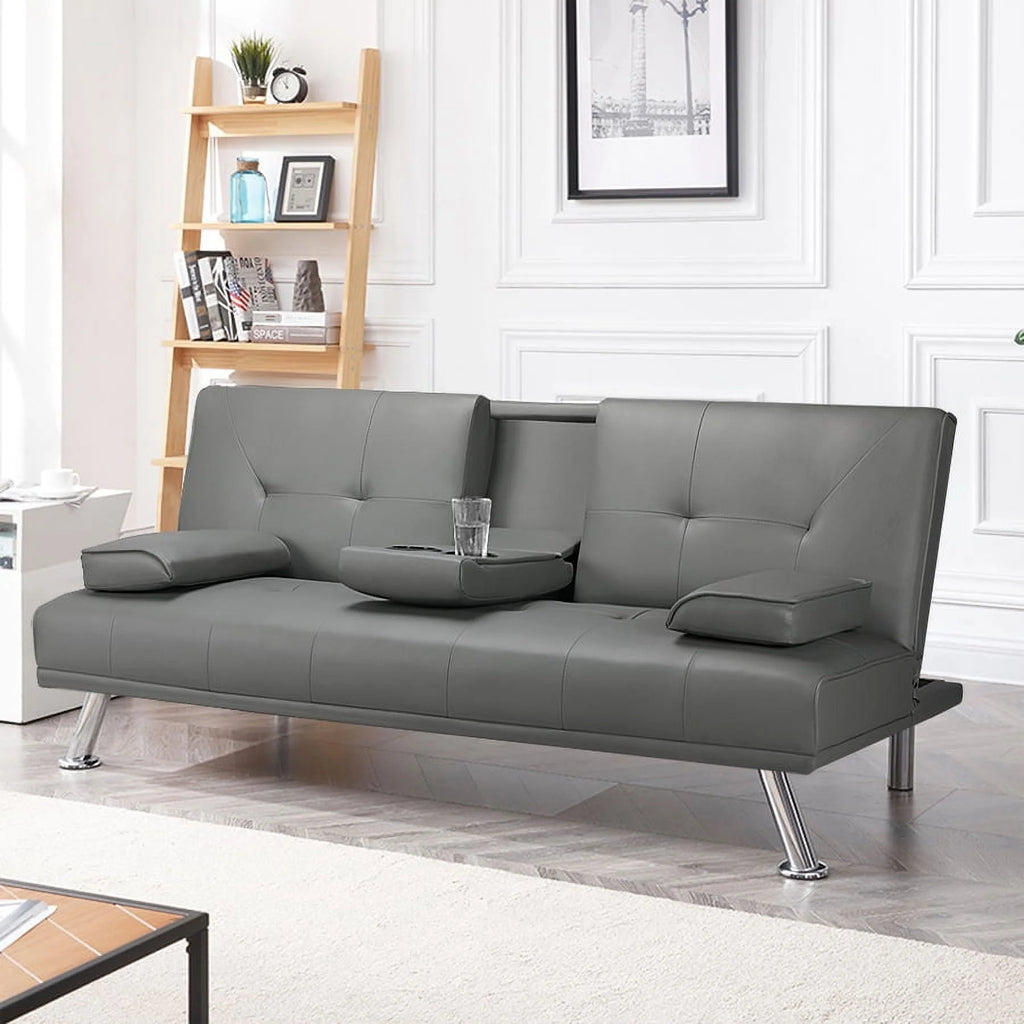 Gray Faux Leather Futon with Cupholders and Pillows J4372