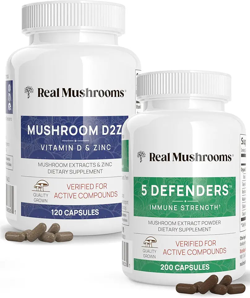 Vitamin D2 Zinc and 5 Defenders Mushroom Supplement Bundle G19792