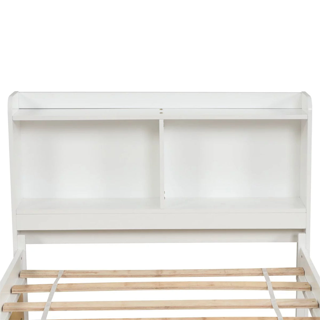White Twin Size Wood Platform Bed with Trundle and Storage Headboard I37018