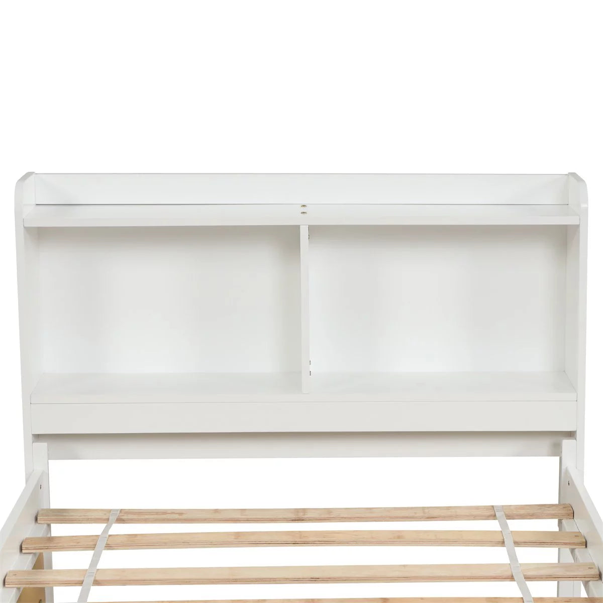 White Twin Size Wood Platform Bed with Trundle and Storage Headboard I37018