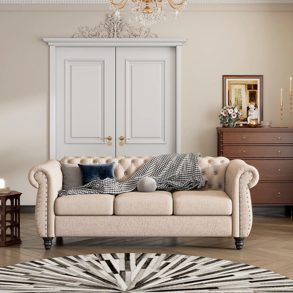 3 Seater Button Tufted Upholstered Sofa with Rolled Arms G2497