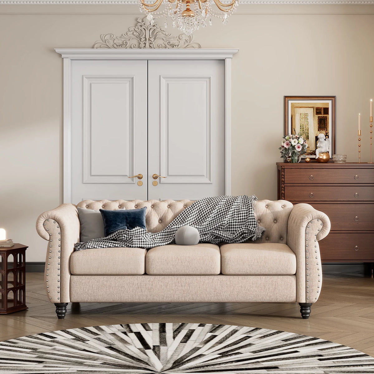 3 Seater Button Tufted Upholstered Sofa with Rolled Arms G2497