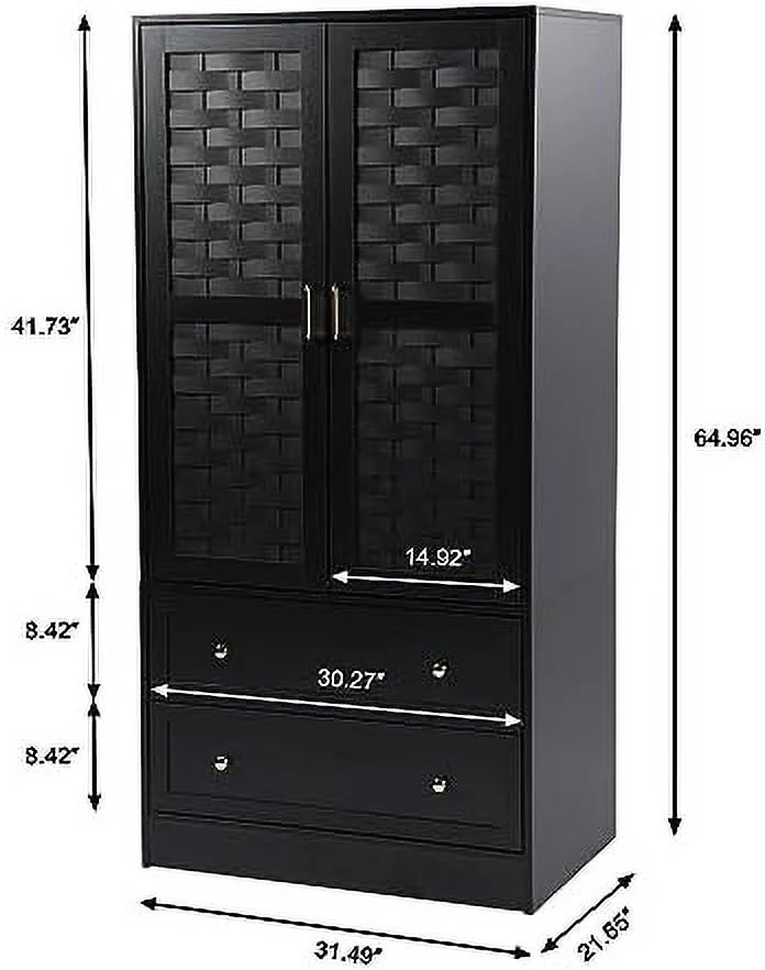 Black 2 Door 2 Drawer Wooden Armoire Wardrobe Closet with Hanging Rail X530447