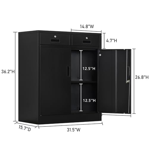 Black Metal Storage Cabinet with Adjustable Shelf and 2 Drawers G738