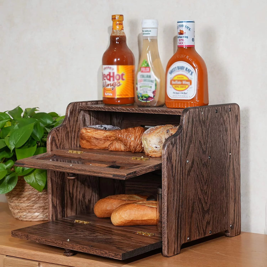 Solid Wood Oak Bread Box with Clear Window N924