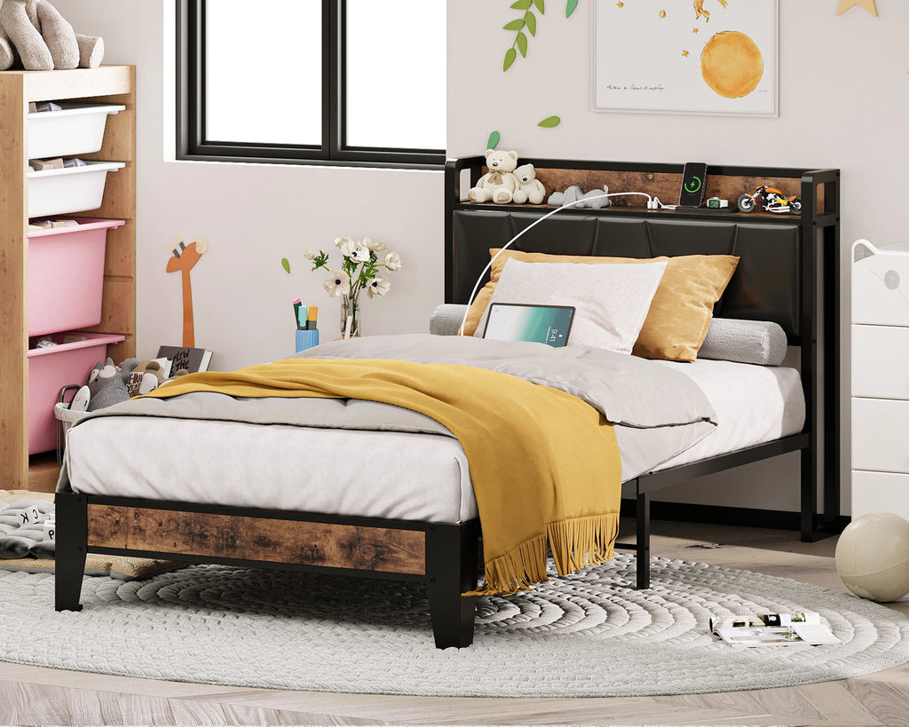 King Metal Bed Frame with Black Storage Headboard D226615