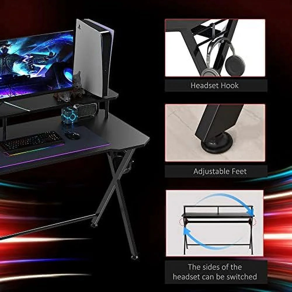 55 Inch Black Gaming Desk with Monitor Stand F5707