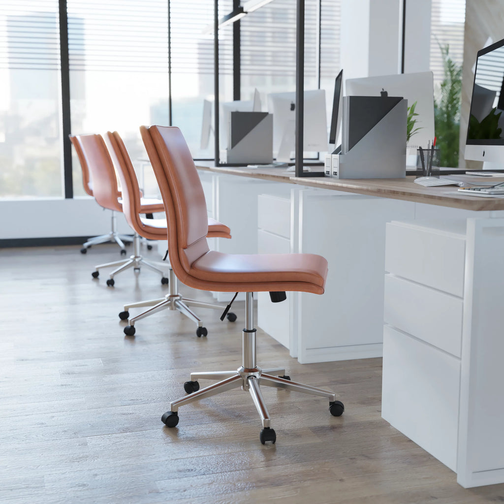 Brown Faux Leather Mid-Back Office Chair with Casters H145