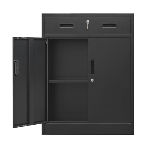 Black Metal Storage Cabinet with Adjustable Shelf and 2 Drawers G738
