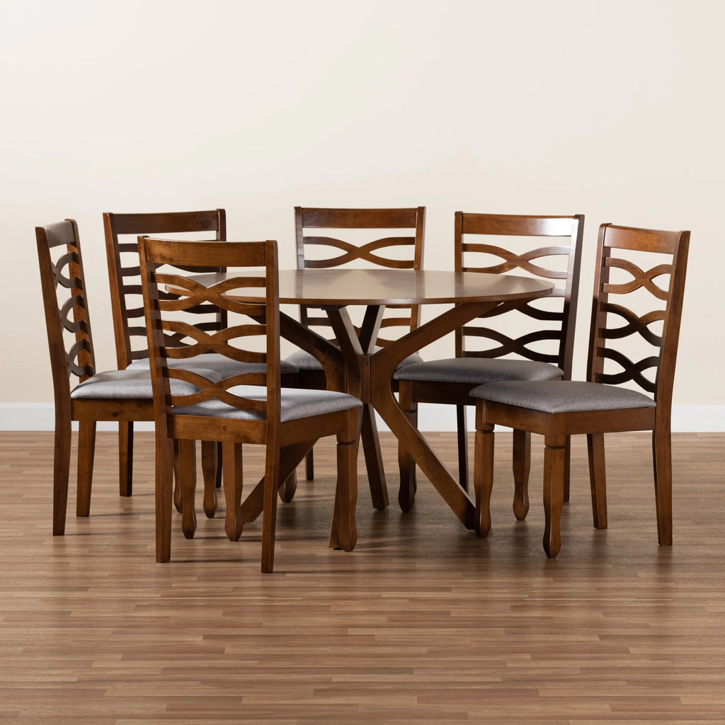 Grey Fabric Upholstered Walnut Brown Wood 7-Piece Dining Set Q914096