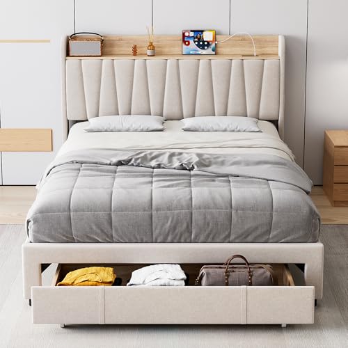 Beige Queen Size Upholstered Platform Bed Frame with Storage Headboard and Drawers X966645