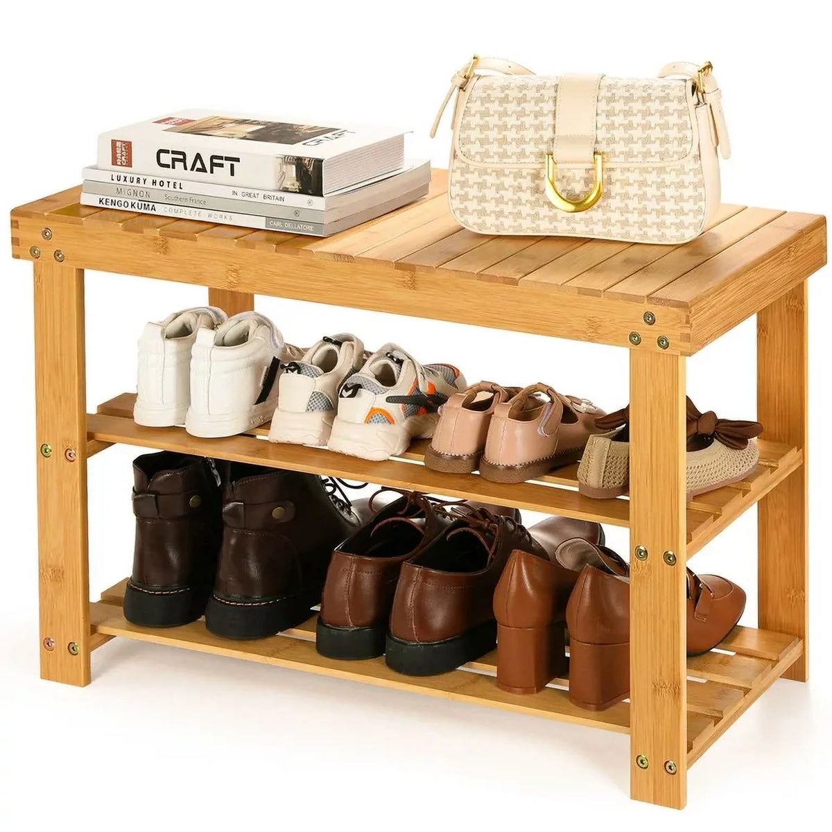 3 Tier Bamboo Shoe Bench Storage Rack V9857