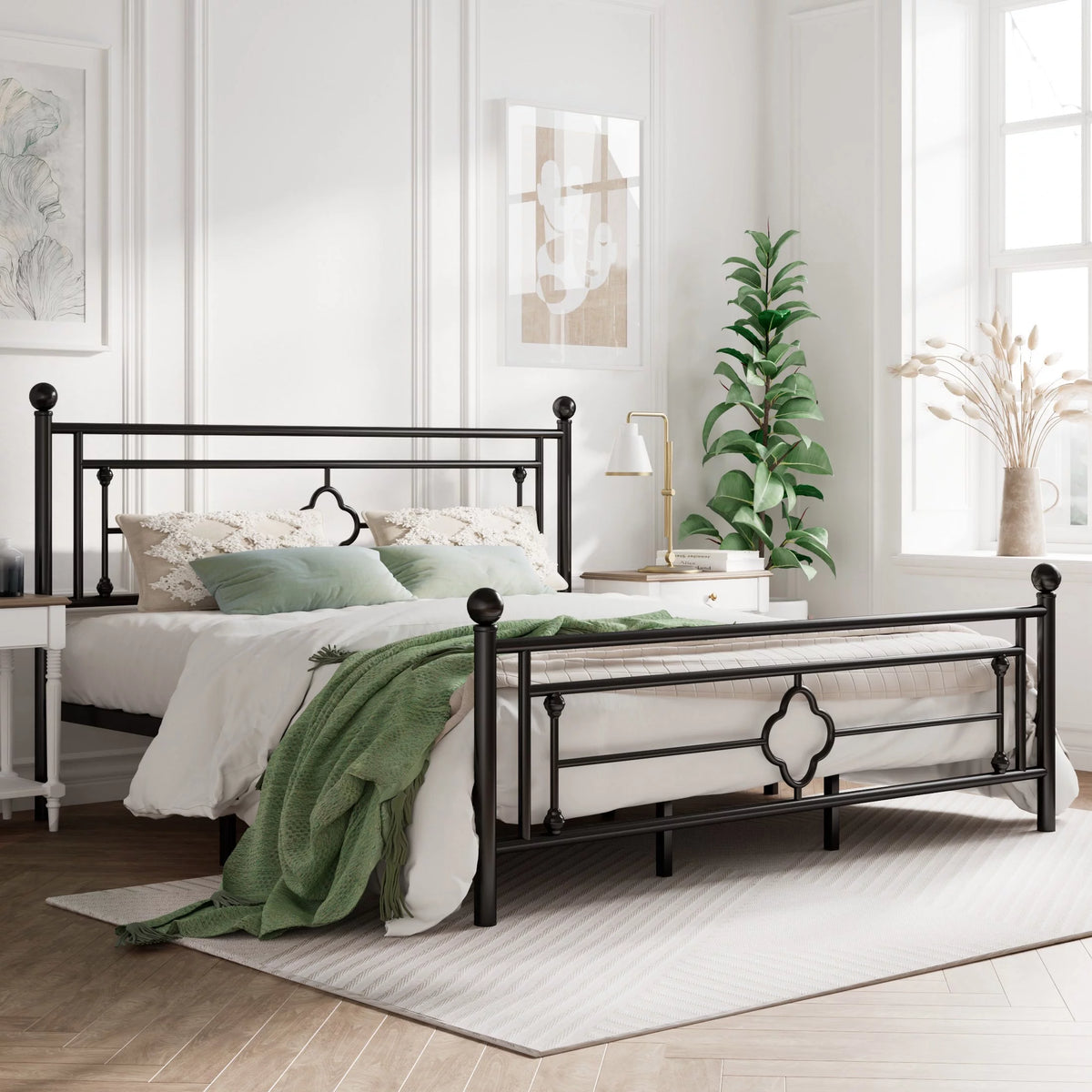 King Size Black Metal Platform Bed Frame with Cross Pattern Headboard Footboard M469921