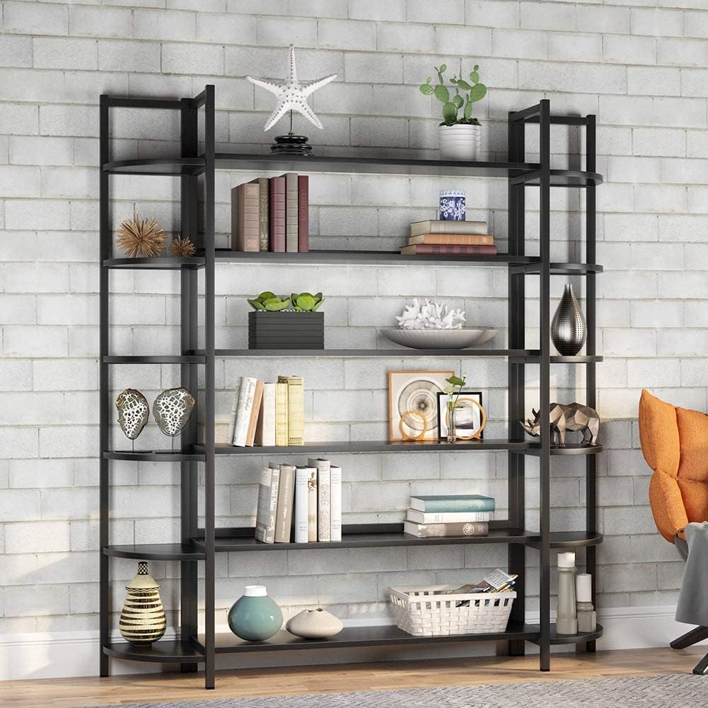 6-Shelf Black Bookshelf with Metal Frame A227966