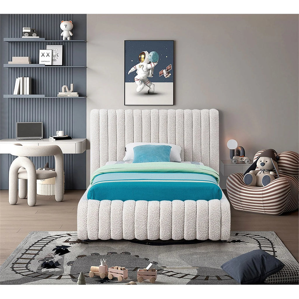Cream Boucle Fabric Twin Bed Q253756