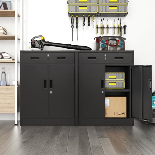 Black Metal Storage Cabinet with Adjustable Shelf and 2 Drawers G738
