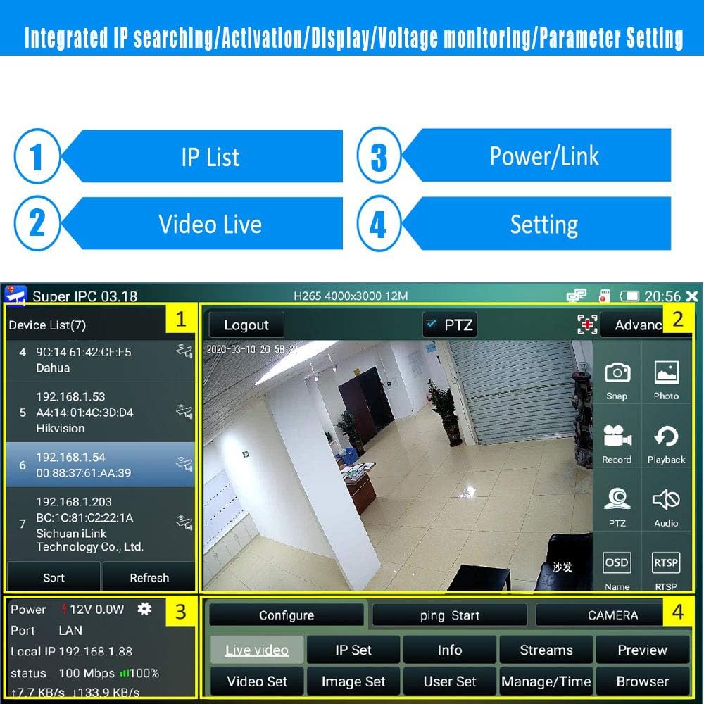 7 Inch IPS Touch Screen H.265 6K IP Camera Tester Y348