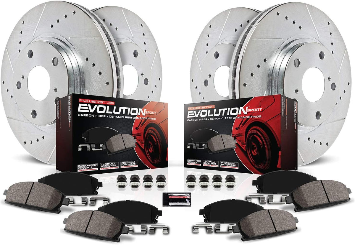 Front and Rear Carbon Fiber Brake Pads with Drilled & Slotted Brake Rotors Kit R1231