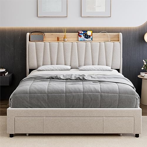 Beige Queen Size Upholstered Platform Bed Frame with Storage Headboard and Drawers X966645
