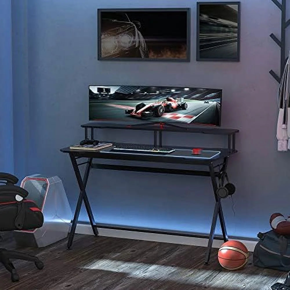 55 Inch Black Gaming Desk with Monitor Stand F5707