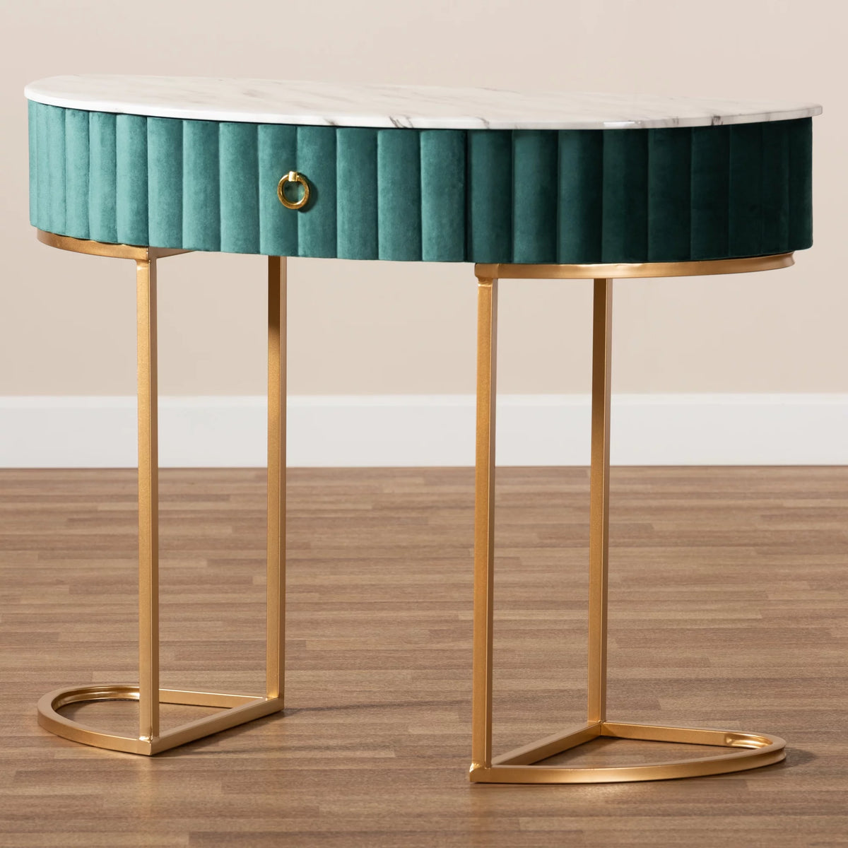 Green Velvet 1-Drawer Console Table with Faux Marble Tabletop S2217