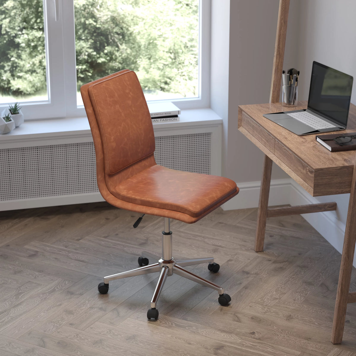 Brown Faux Leather Mid-Back Office Chair with Casters H145