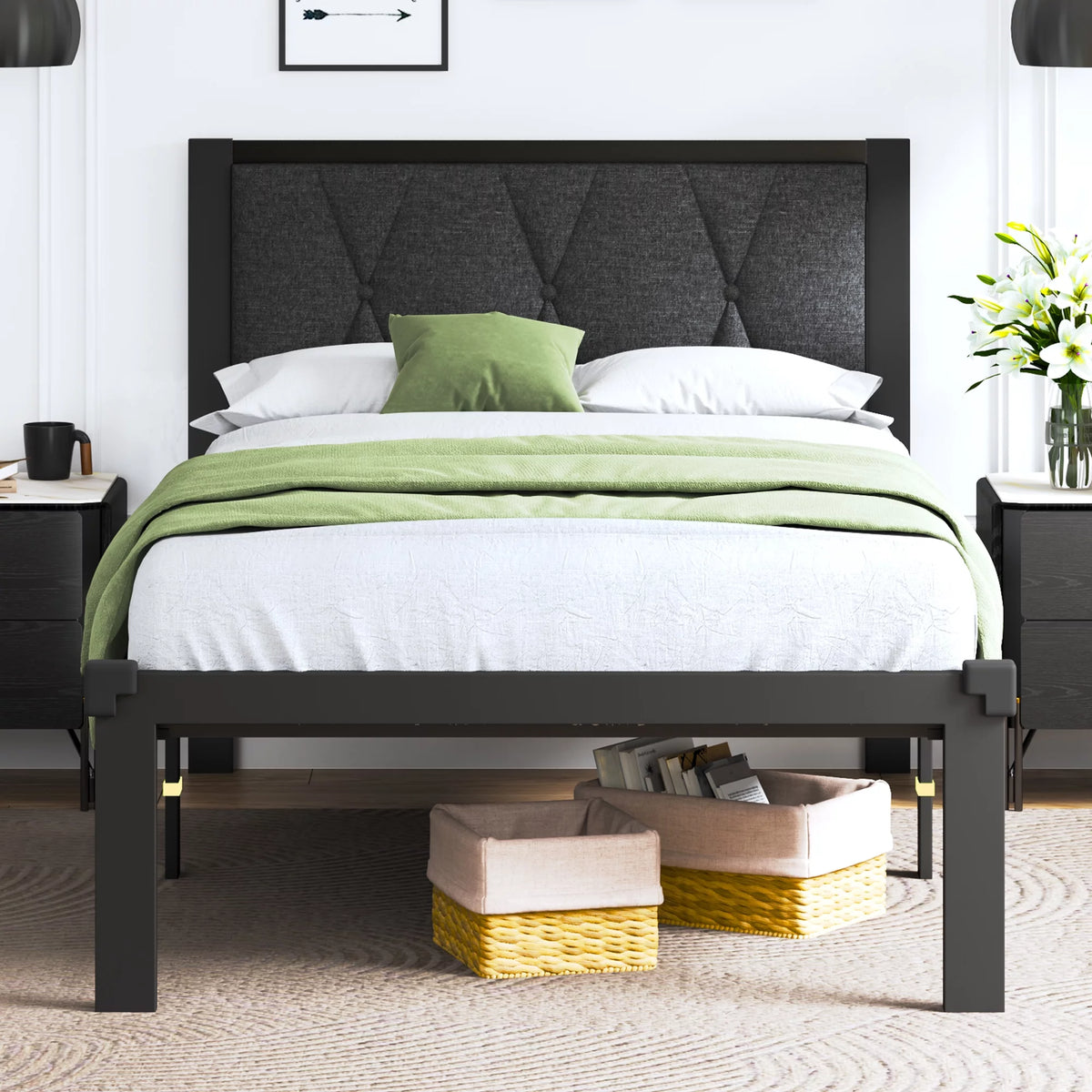 Twin Size Metal Platform Bed Frame with Fabric Tufted Headboard C46053