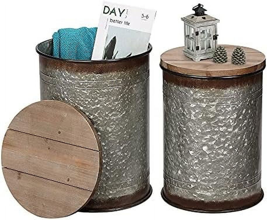 Farmhouse Accent Side Table Ottoman Seat Stool Metal End Table Box Bin with Round Wood Lid C177