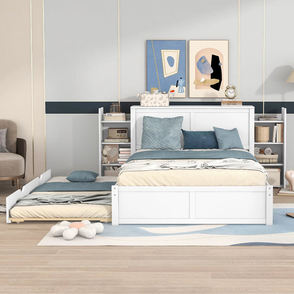 Full Size Wood Platform Bed with Trundle and Storage O84366