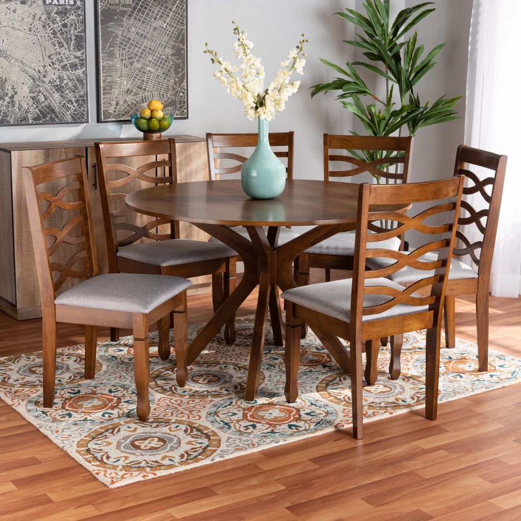 Grey Fabric Upholstered Walnut Brown Wood 7-Piece Dining Set Q914096