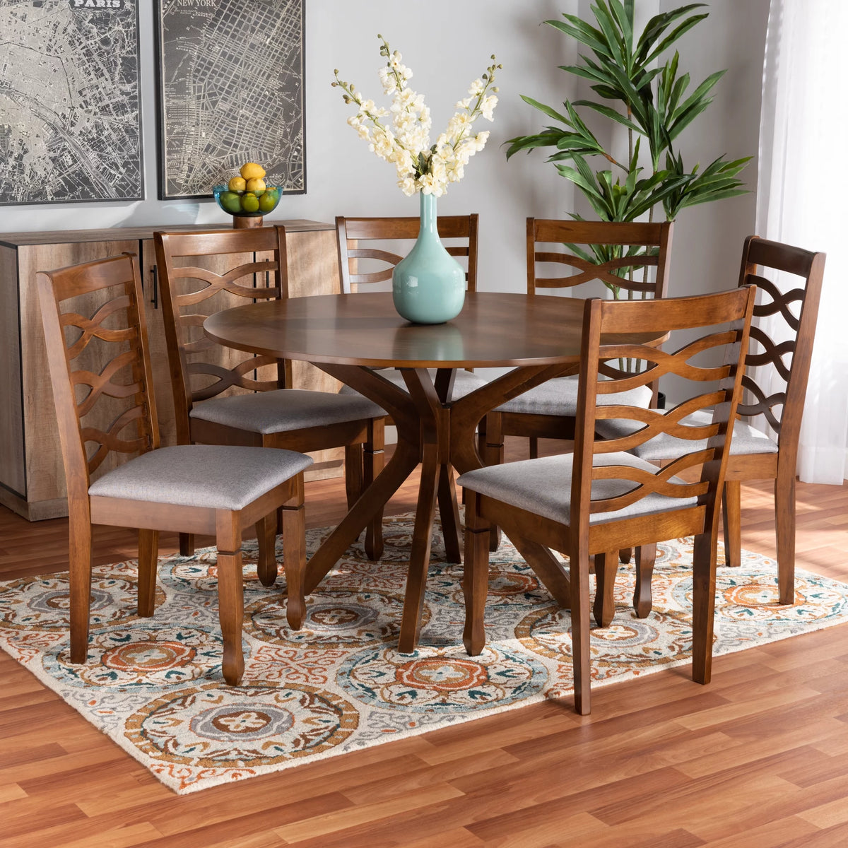 Grey Fabric Upholstered Walnut Brown Wood 7-Piece Dining Set Q914096
