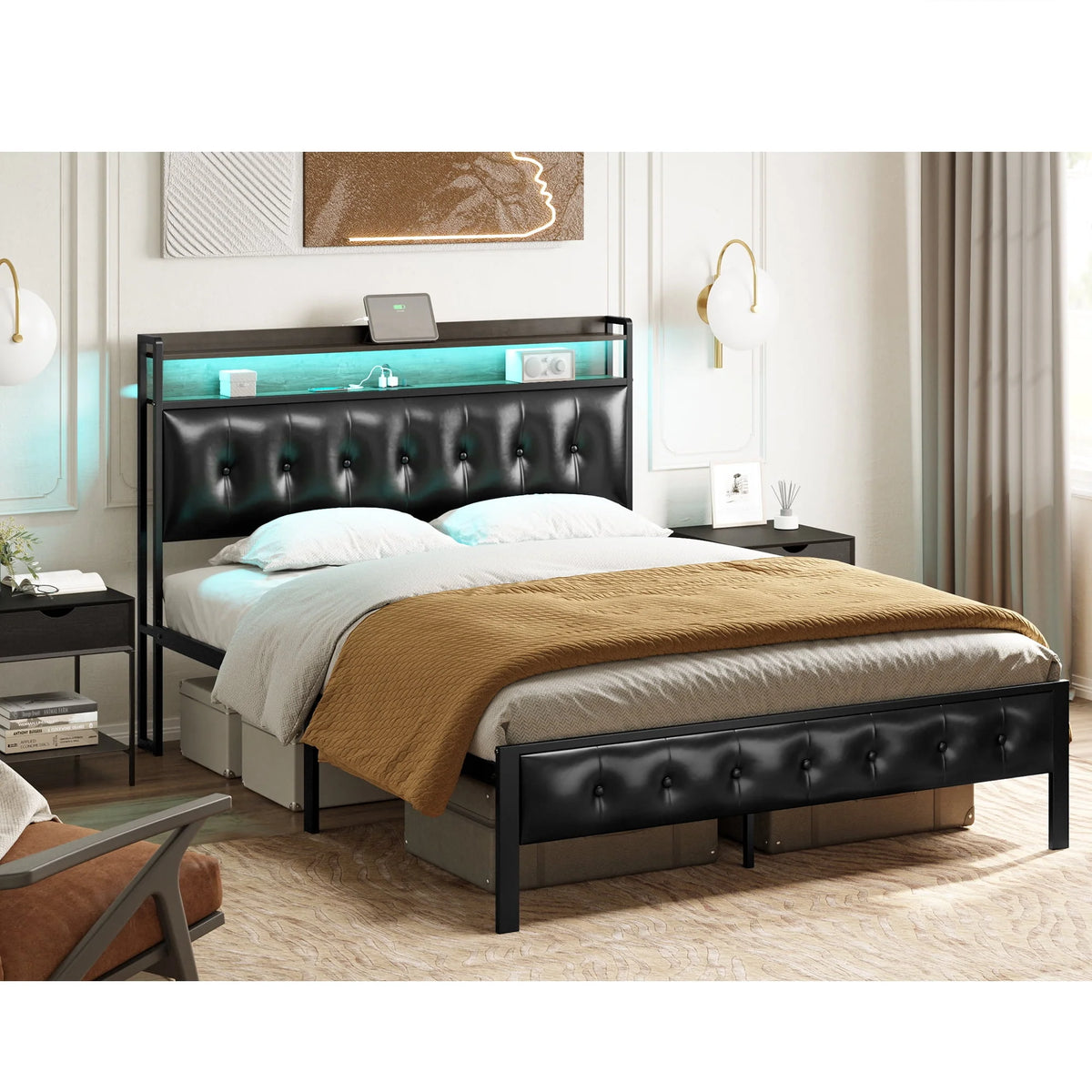 Queen Upholstered Platform Bed Frame with Storage Headboard A88214