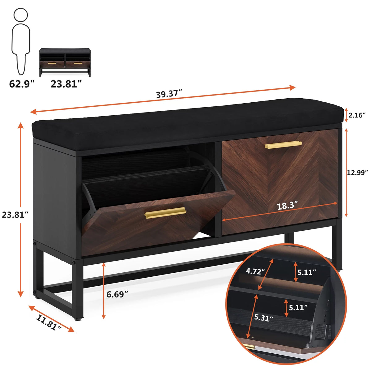 Shoe Storage Bench with 2 Flip Drawers E2689