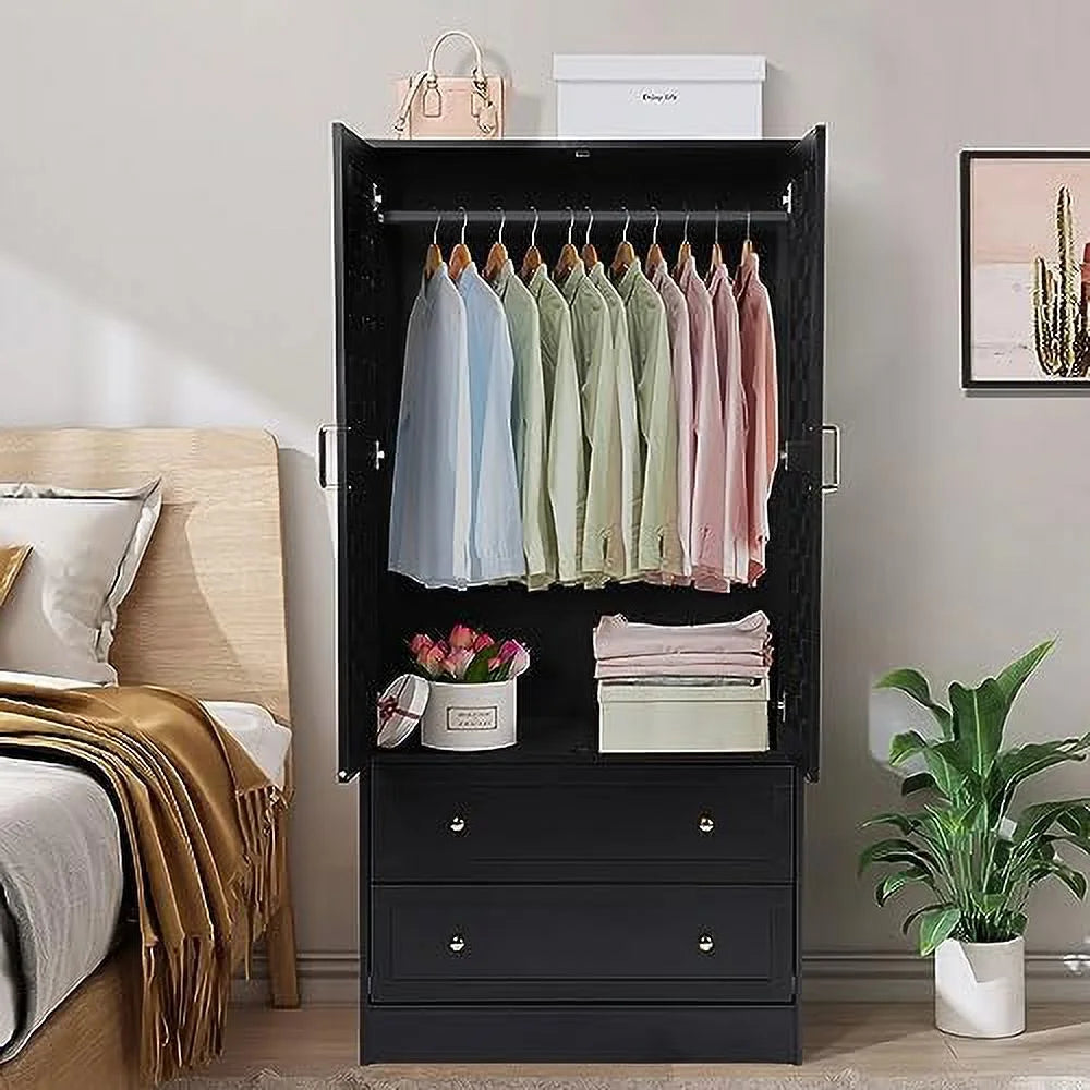 Black 2 Door 2 Drawer Wooden Armoire Wardrobe Closet with Hanging Rail X530447