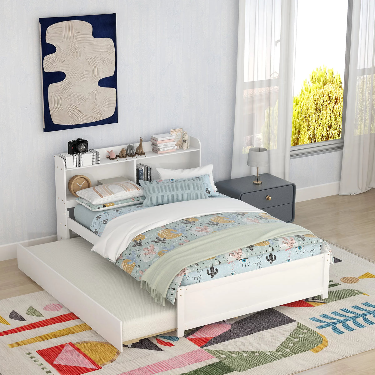 White Wood Full Size Trundle Bed with Bookcase Headboard N500171