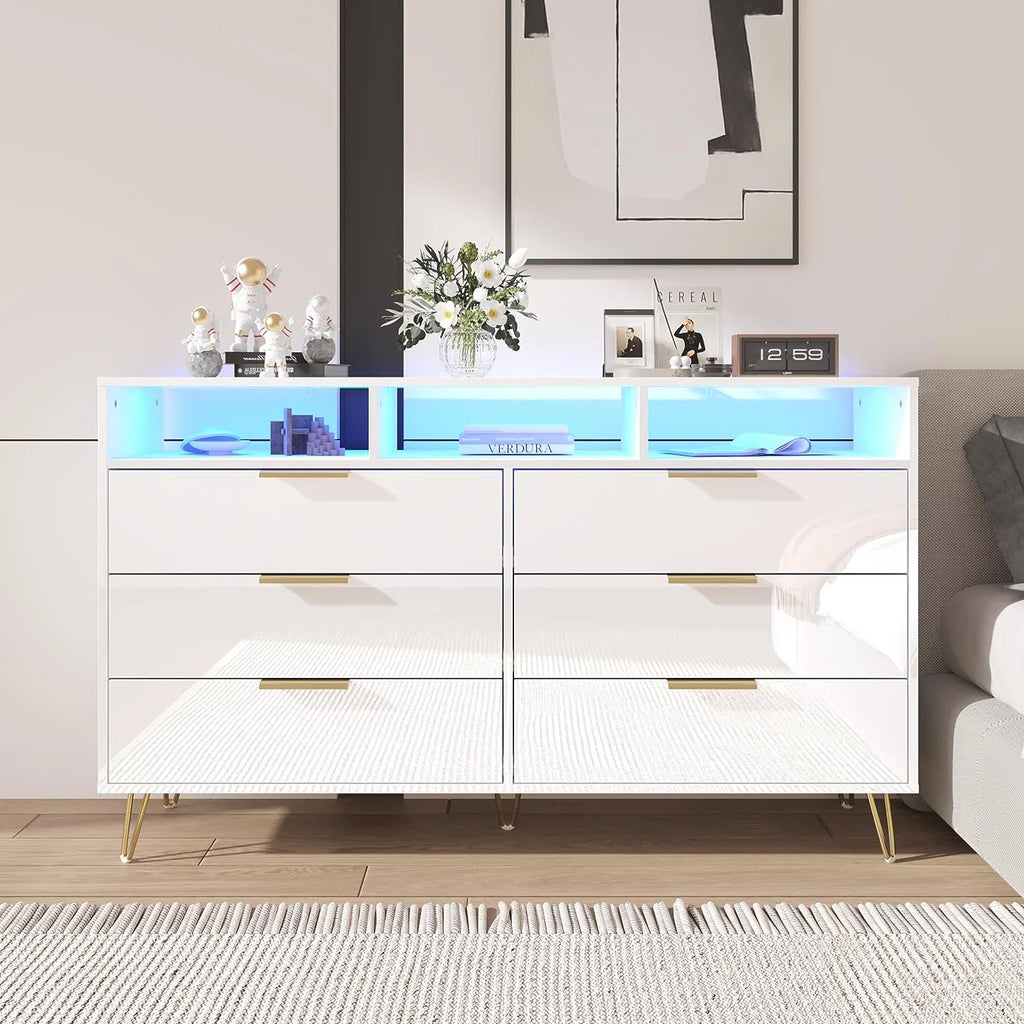 White 6 Drawer Wood Dresser with LED Lights B836
