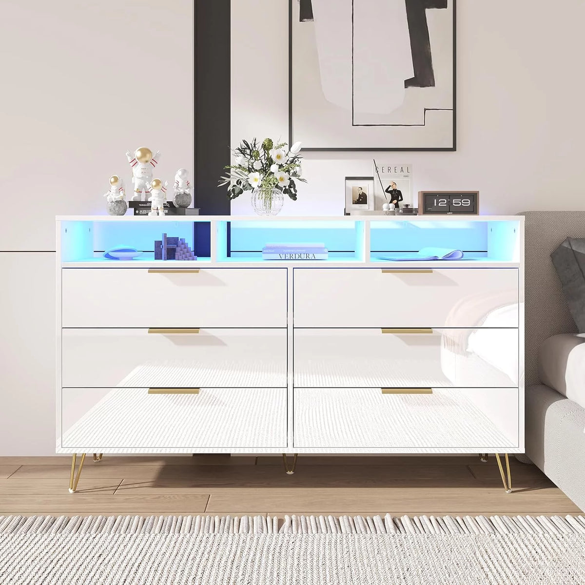 White 6 Drawer Wood Dresser with LED Lights B836