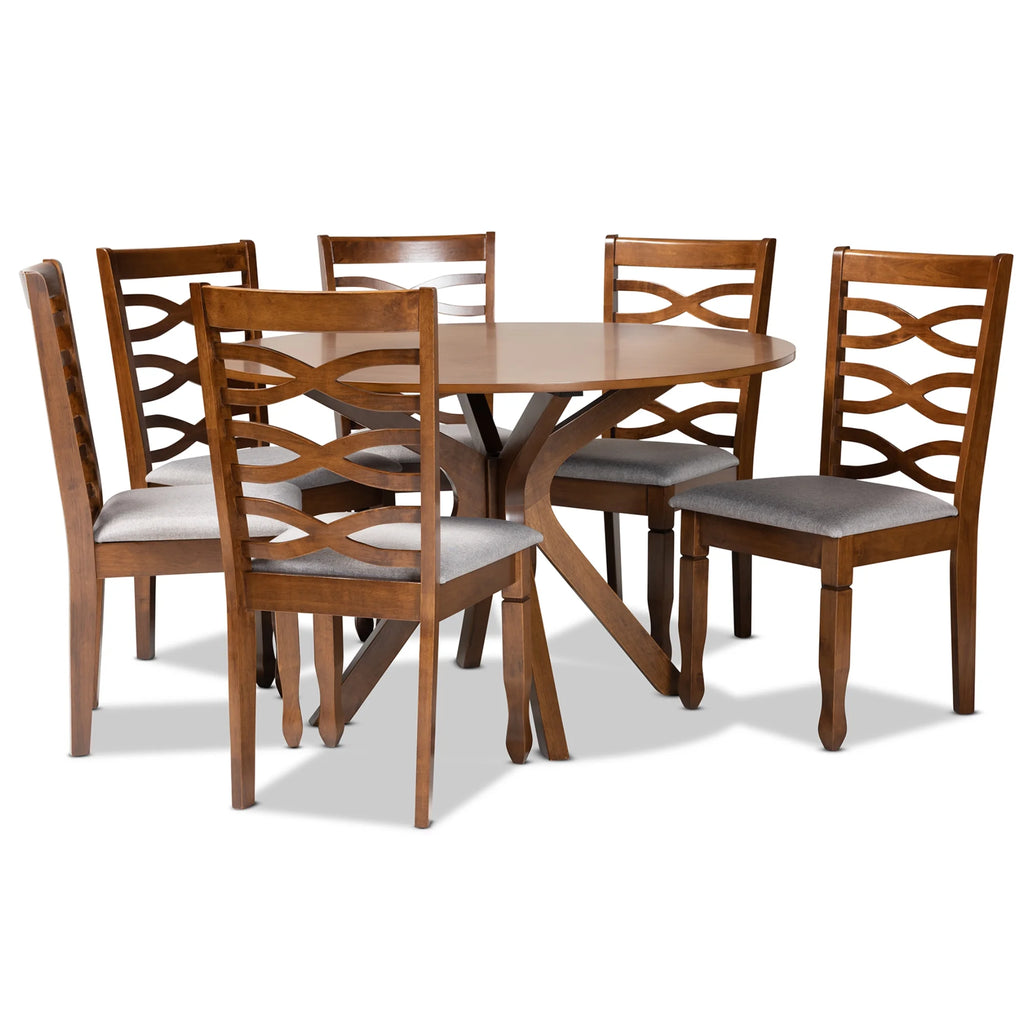 Grey Fabric Upholstered Walnut Brown Wood 7-Piece Dining Set Q914096