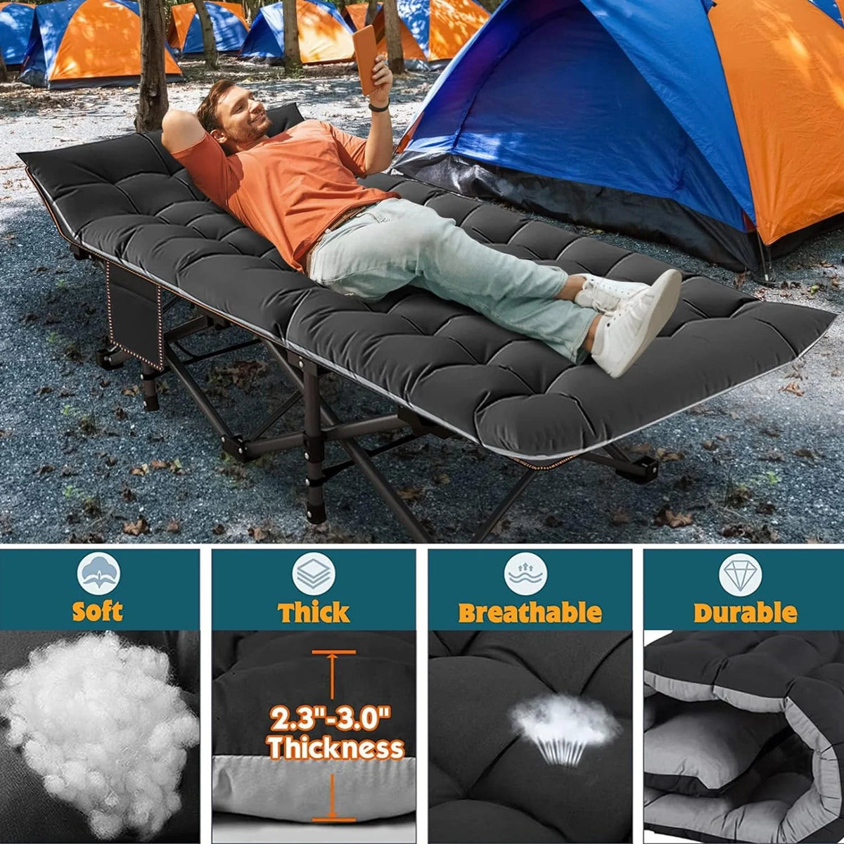 Oversized XXL Folding Camping Cot with Cushion & Carry Bag V412