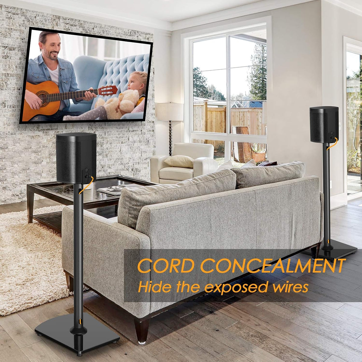 Black Heavy Duty Floor Speaker Stands Pair with Cable Management D299