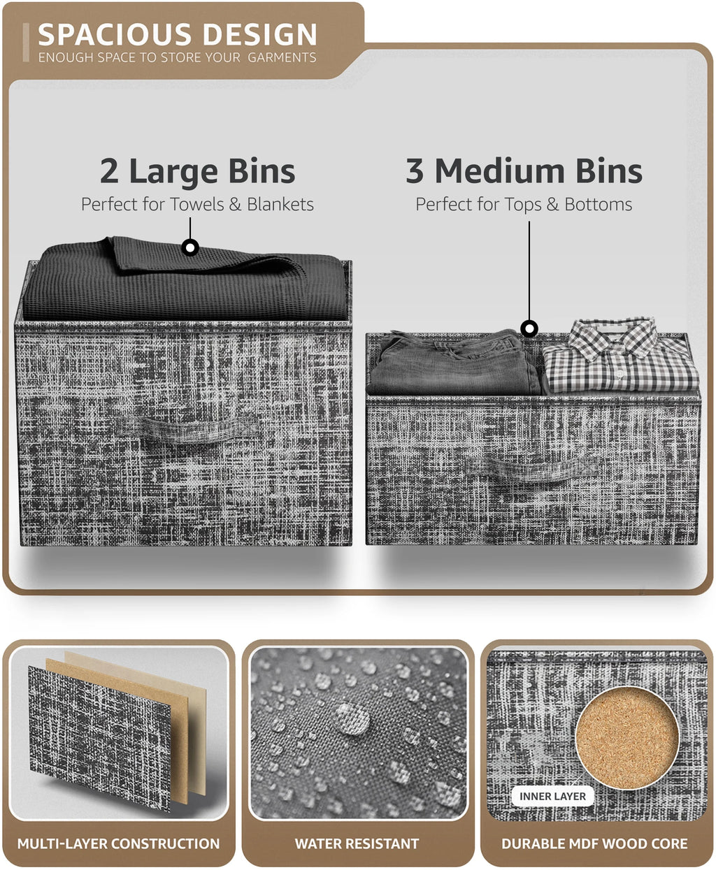 5 Drawer Fabric Storage Dresser with Wood Top P328120