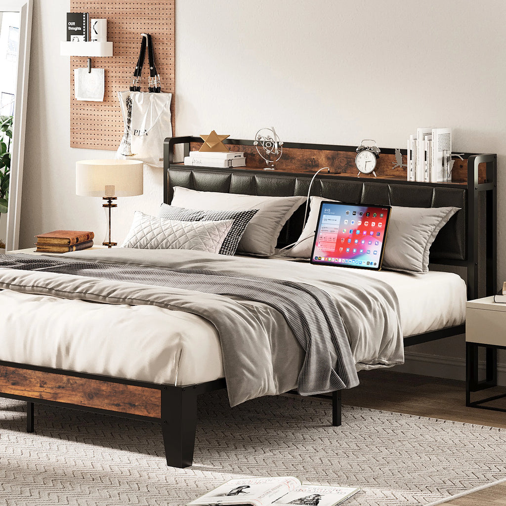King Metal Bed Frame with Black Storage Headboard D226615