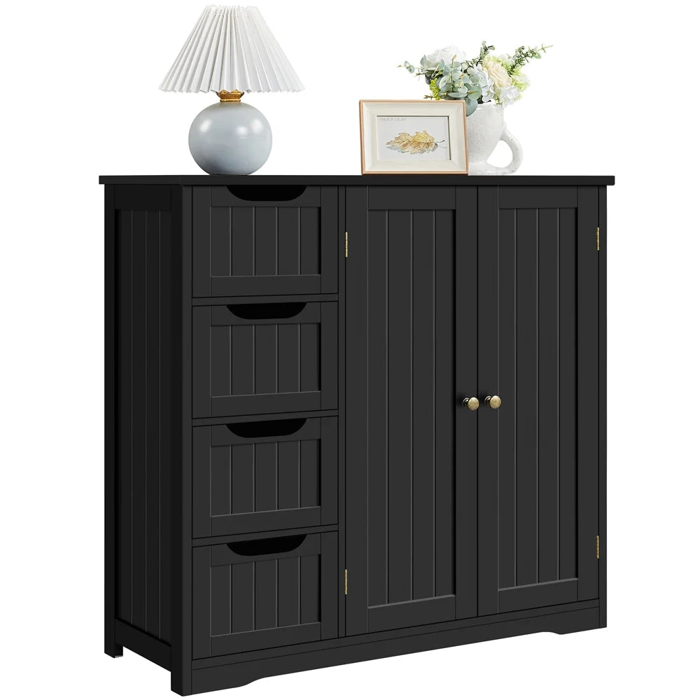 Black 4 Drawer Wooden Floor Storage Cabinet with Adjustable Shelf W109338