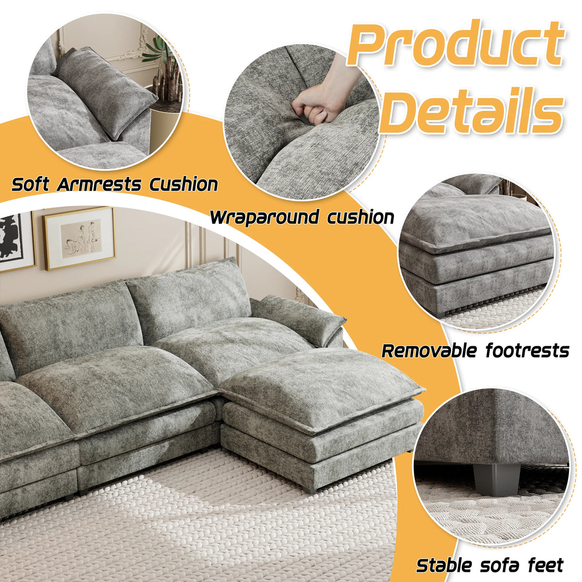 Gray L-shaped Sectional Sofa with Reversible Chair E3926