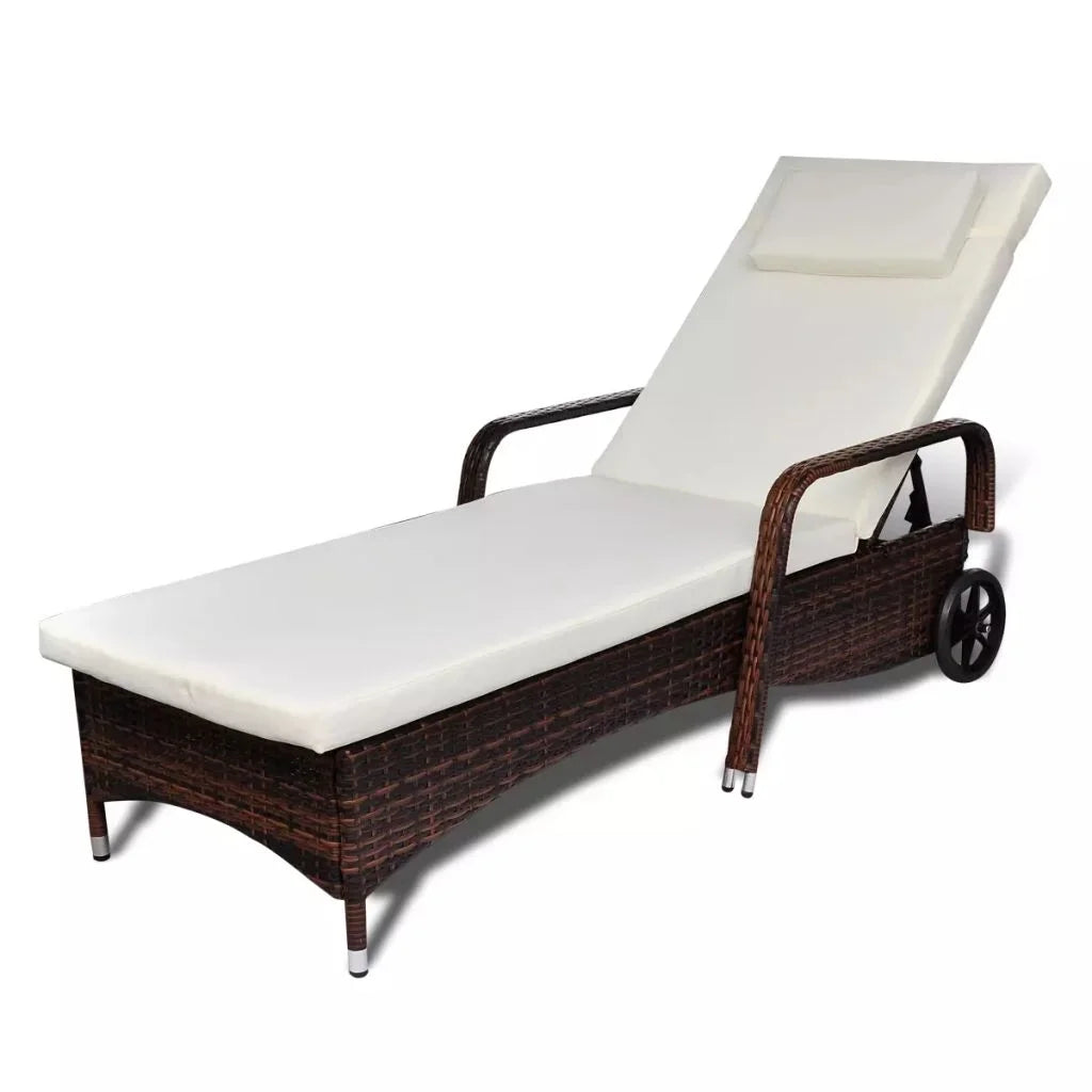 Brown Poly Rattan Chaise Lounge with Wheels G7906