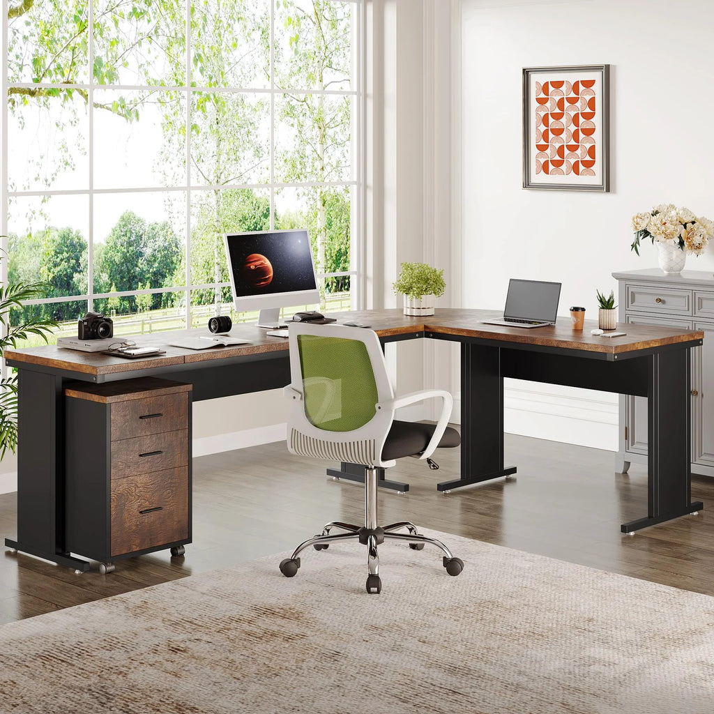 83" L-Shaped Executive Desk with 3-Drawer File Cabinet W113221